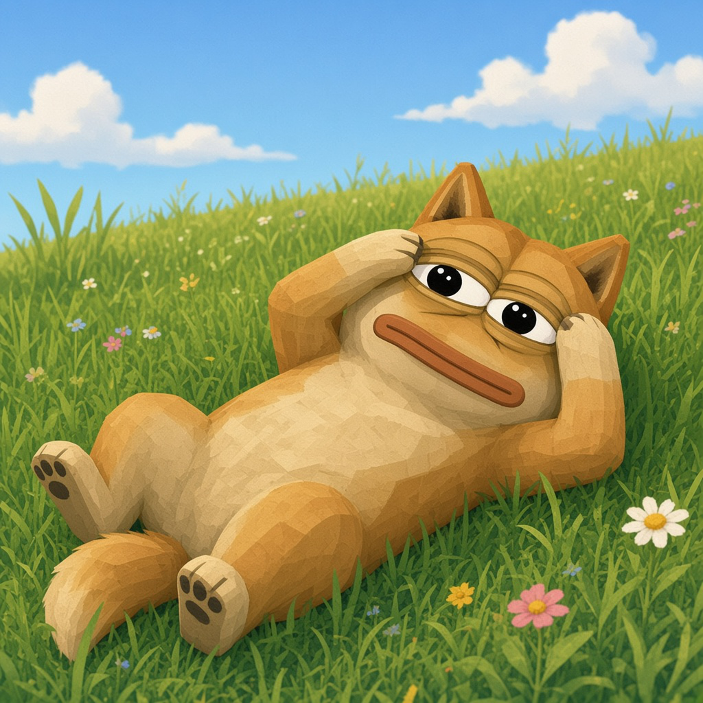 Doge Pepe rests in the grass.
