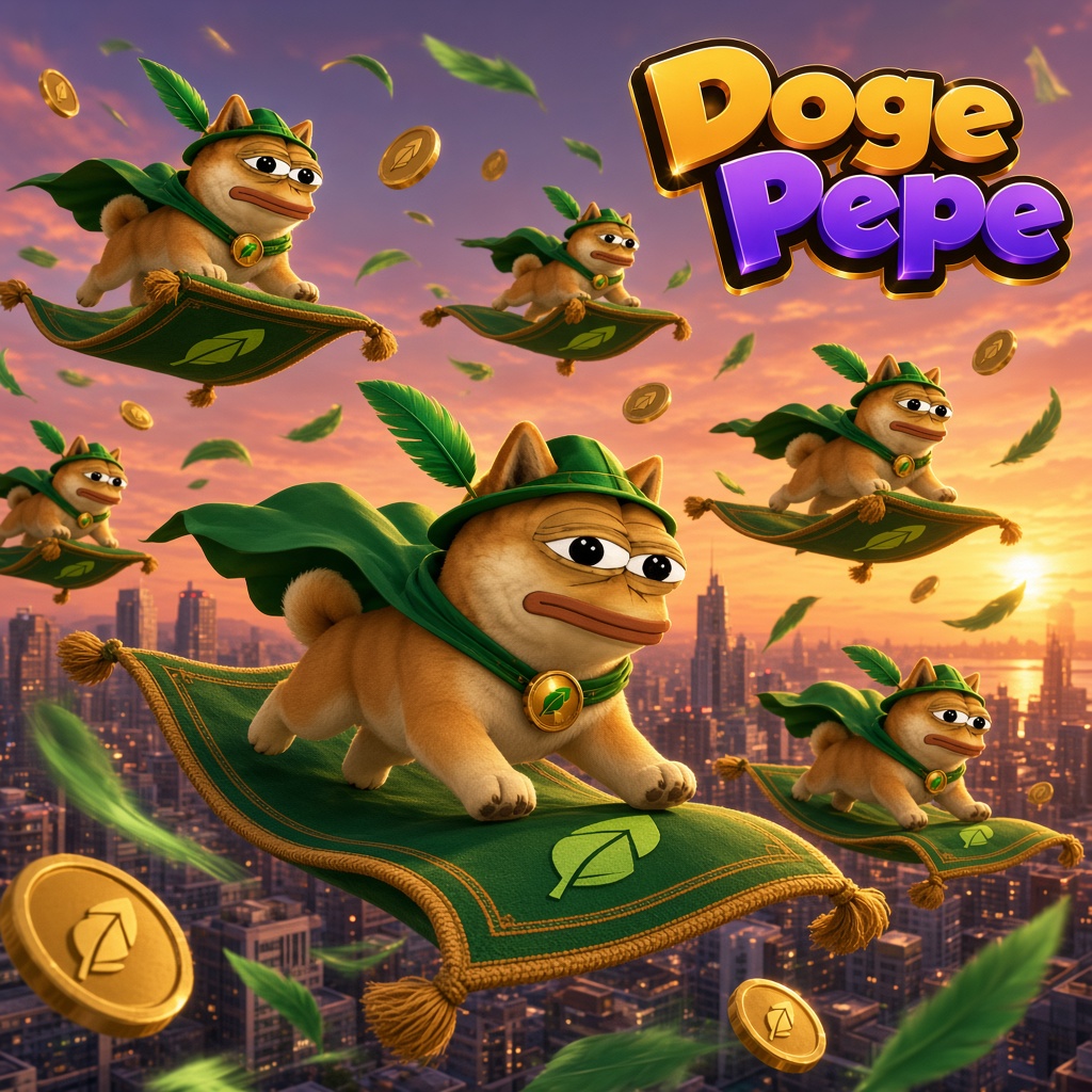 A fleet of Doge Pepes flying magic carpets