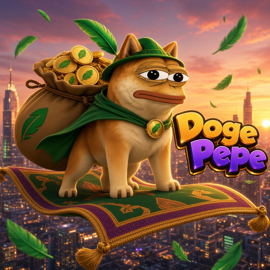 Doge Pepe arriving over the city with bags of coins