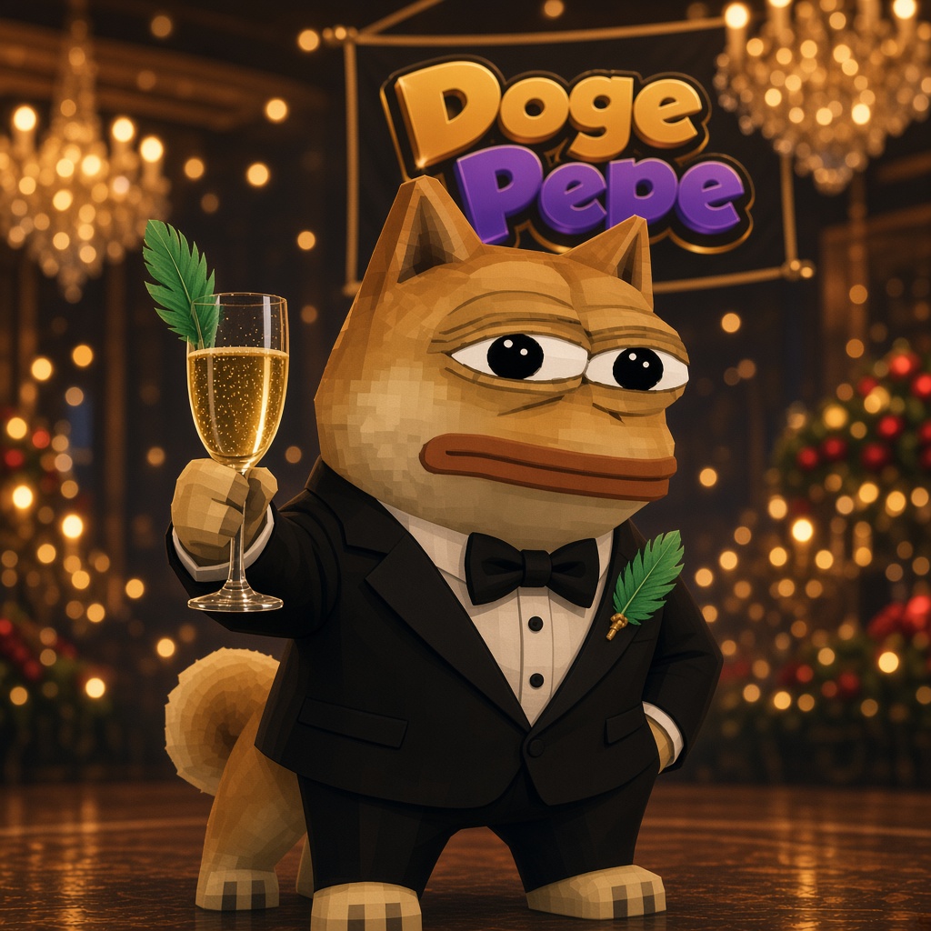 Doge Pepe in a tuxedo raising a glass